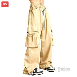 Men's Baggy Parachute Cargo Pants, Loose Fit Drawstring Trousers with Pockets
